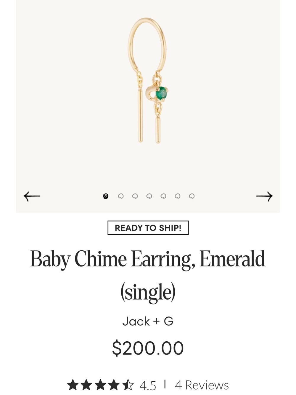 Baby Chime Earring in Emerald (Single) Catbird Jack + G